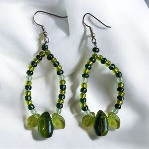 Handmade Artisan Green Leaf Glass Beaded Dangle Earrings Naturecore Cottagecore